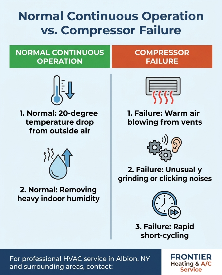 Why Your Albion Home's A/C Runs Non-Stop During July Heatwaves (And When to Actually Worry) 1 Normal Continuous Operation vs. Compressor Failure